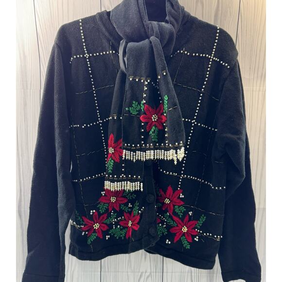 Vintage Lemon Grass Ugly Christmas Sweater Sz L Poinsettia w/ Scarf (READ) - Picture 1 of 9